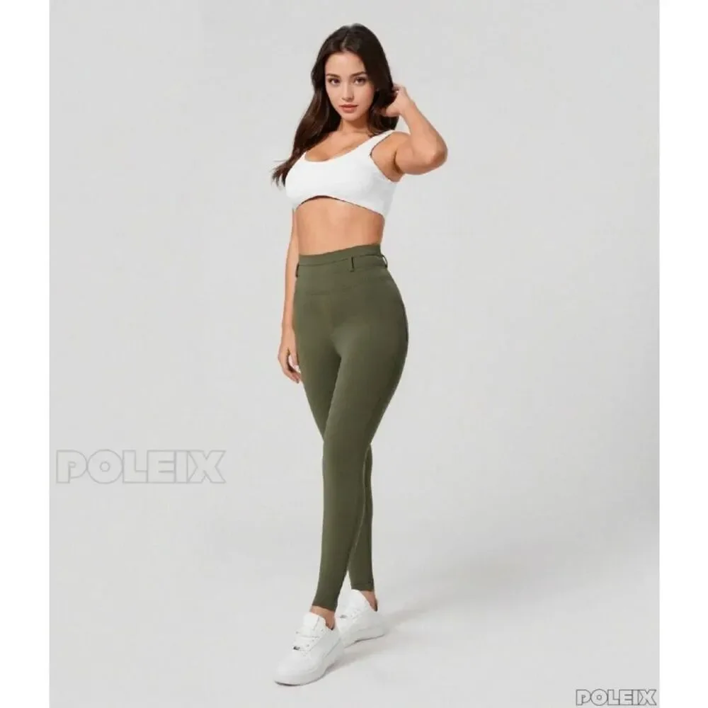 Halara Army Green High Waisted 7/8 Leggings Back Pockets Workout Yoga L NWT